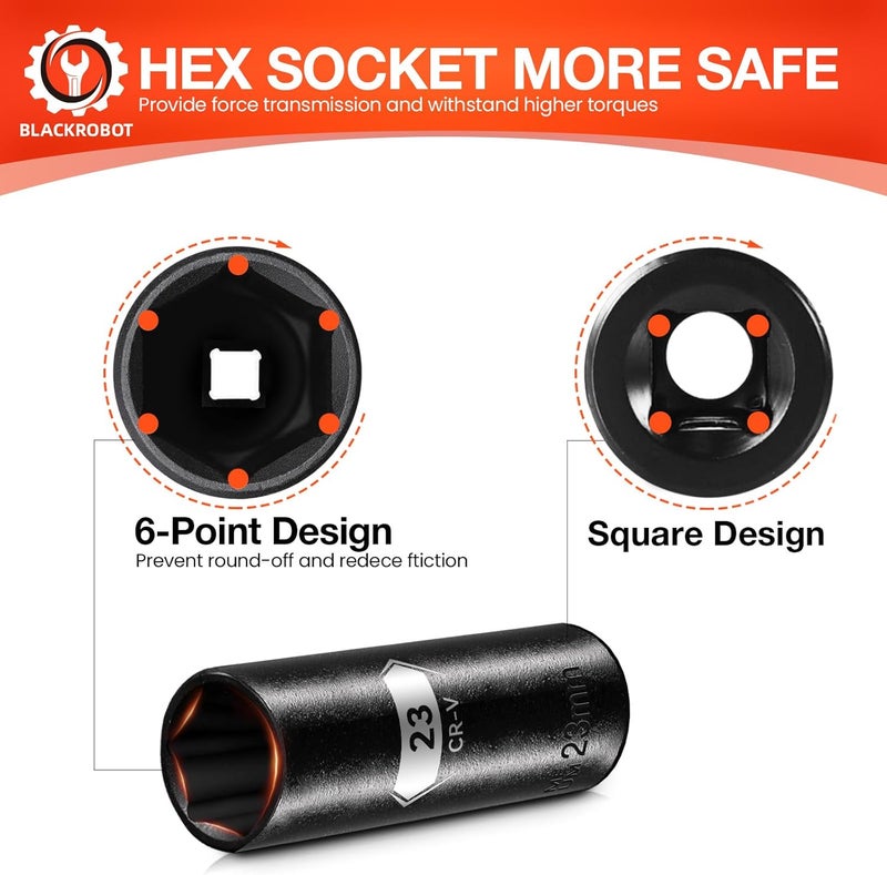 BLACKROBOT 1/2 Inch Drive 6-Point Deep Socket, 23mm Deep Impact Socket, CR-V Steel - Image 2